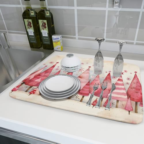 Pink Trees Dish Drying Pad Christmas Snowflake Decorative Drying Mats for Coffee Bar Kitchen Counter 18 X 24 Inch