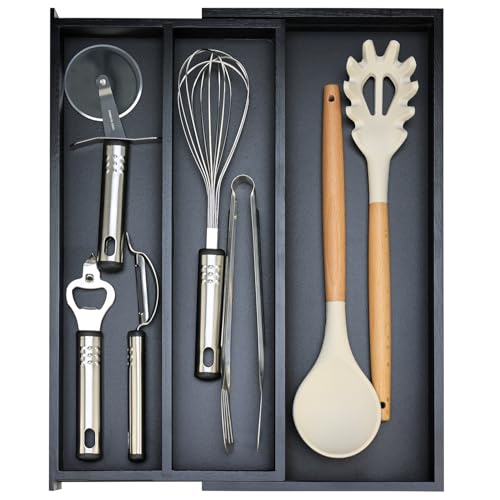 Expandable Black Bamboo Kitchen Utensils Drawer Organizer Silverware Tray