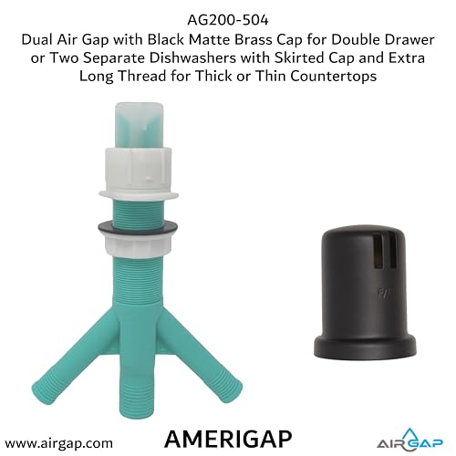 Dual Air Gap with Black Matte Brass Cap for Double Drawer or Two Separate Dishwashers with Skirted Cap and Extra Long Thread for Thick or Thin Countertops