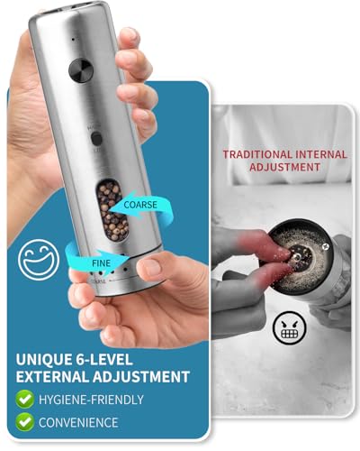 Electric Salt and Pepper Grinder Set with Rechargeable Base Upgraded Stainless Steel Automatic Salt and Pepper Shakers with 2 Grinding Speeds (2 Count)