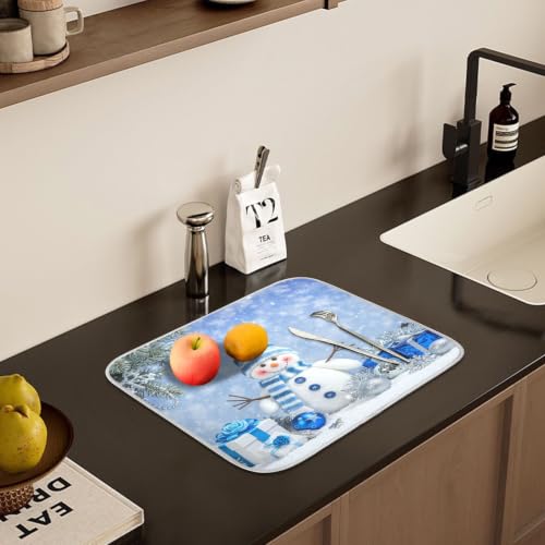 Christmas Snowman Winter Dish Drying Mat for Kitchen Counter Absorbent Microfiber Small Drying Pad Dish Mats Snowflake for Kitchen Countertops 16 x 18 Inch