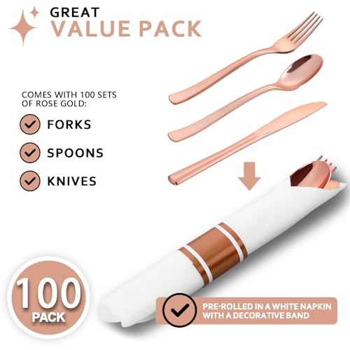 400PCS Pre Rolled Rose Gold Plastic Silverware Heavy Duty for Party (400 Count)