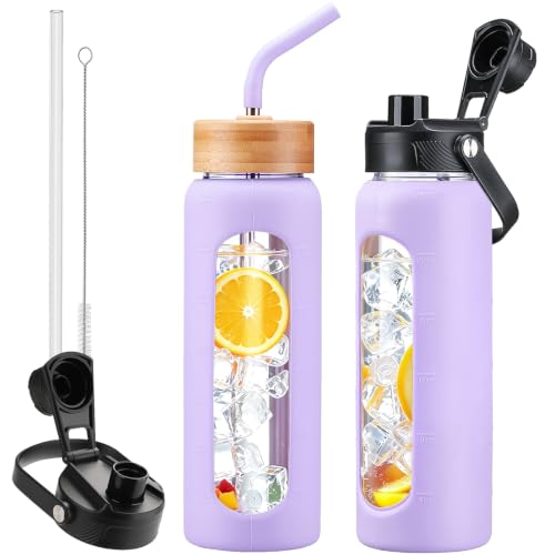 24oz Glass Water Bottle with Straw and 2 Lids