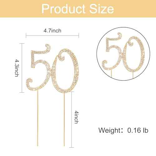 Gold 50th Birthday Cake Topper Rhinestones Cake Decorations for 50th Birthday Party