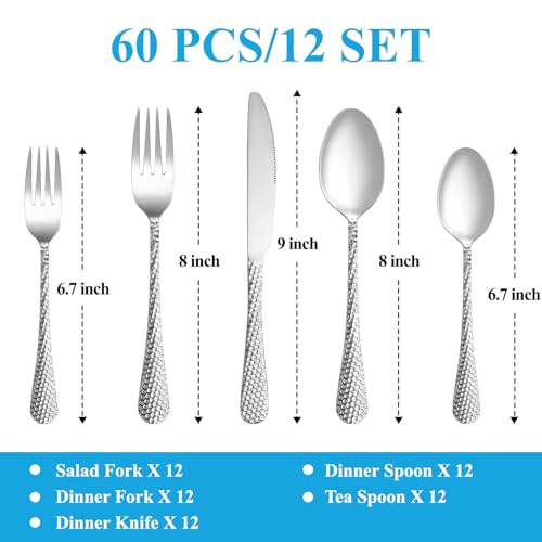 60 Pcs Hammered Silverware Set Service for 12 (60 Count)