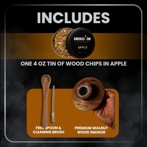 Premium Walnut Wood Cocktail Smoker with One 4 oz Tin of Wood Chips. Great for Whiskey & Old Fashion. Coated in Safe Food Natural Beeswax