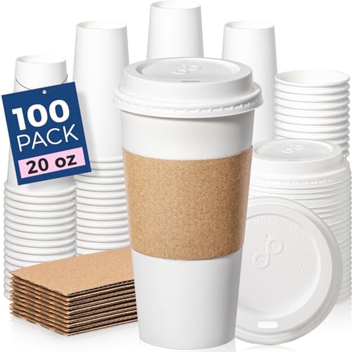 100 Pack 20 oz Disposable Coffee Cups with Lids (100 Count)
