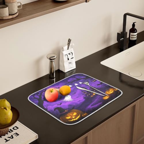Halloween Scary Night Pumpkin Lanterns Purple Castle Dish Drying Mat for Kitchen Counter Absorbent Microfiber Small Drying Pad Dish mats for Kitchen Countertops 16 x 18 Inch