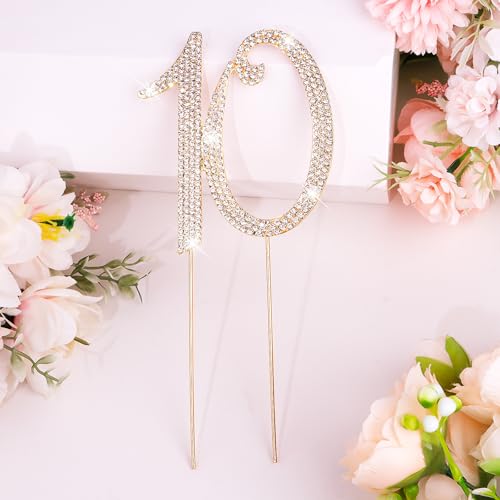 Gold 10th Birthday Cake Topper Rhinestones Cake Decorations for 10th Birthday Party