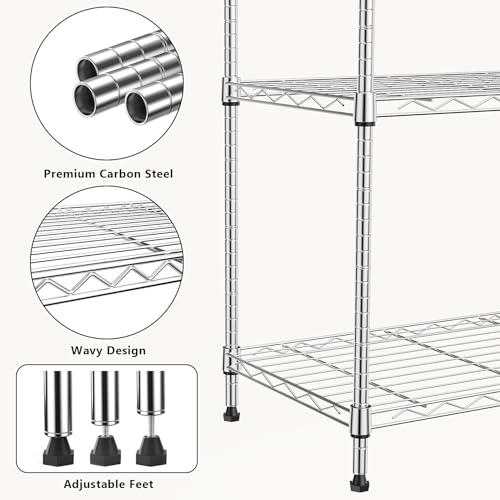 1000 lbs 4Tier Shelf Metal Storage Shelves Wire Rack Closet Organizers with Wheel for Garage Kitchen Bathroom Laundry Chrome 13.7" D x 29.5" W x 47.2" H (4 Count)