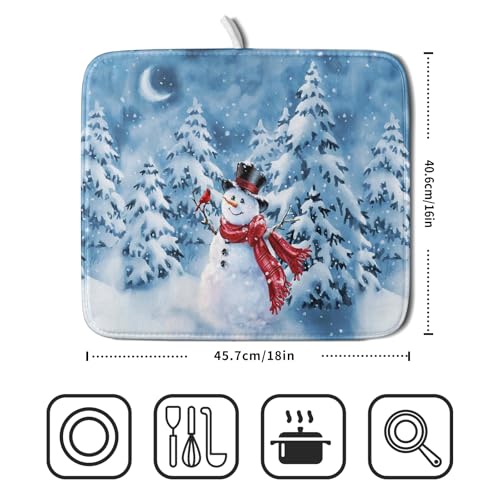 Blue Snowman Dish Drying Mat Winter Pine Tree Drainer Rack Mats 16x18 Inch Absorbent Fast Dry Dish Pad Protector Kitchen Counter Accessories
