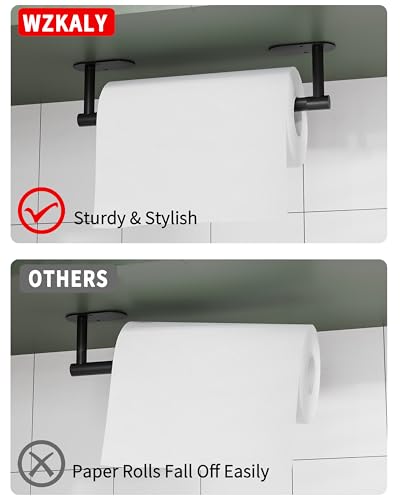 Black Paper Towel Holder Under Cabinet with 2 Hooks Self Adhesive