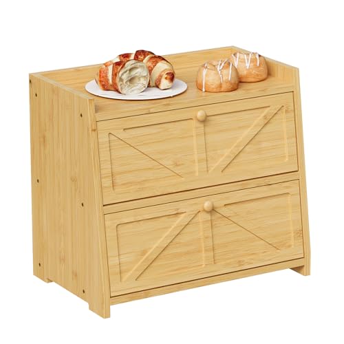 Vintage Double Layer Bread Box for Kitchen Counter Bamboo Bread Storage Container Large Capacity Bread Storage Bin