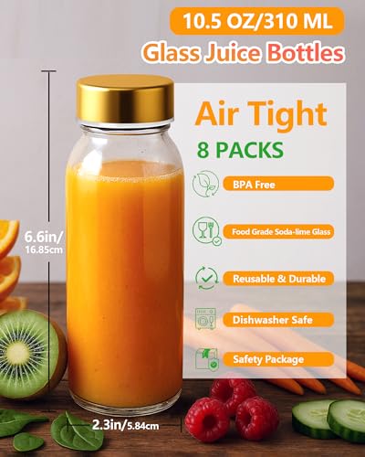 10 oz Glass Juice Bottles with Stainless Steel Gold Lid Leak Proof (8 Count)
