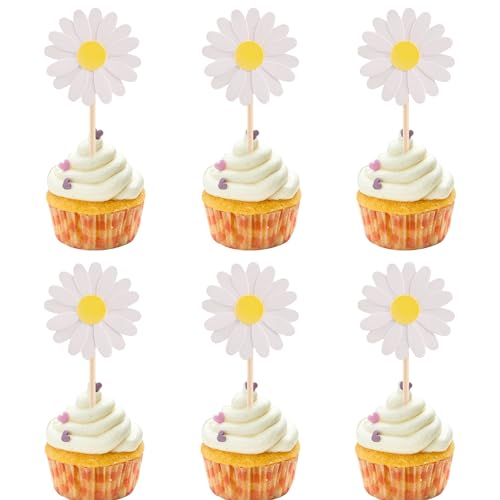 24Pcs Daisy Cupcake Toppers Flower Cake Topper Decorations Daisy Cake Decorations Chrysanthemum Cupcake Toppers Spring Daisy Flower Cake Picks for Birthday Wedding Supplies White (24 Count)