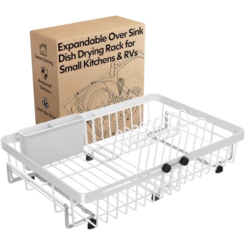 White Expandable Dish Drying Rack Over The Sink with Anti Slip Grip