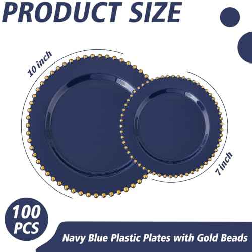 100PCS Navy Blue Plastic Plates with Gold Trim for Party Banquets (100 Count)
