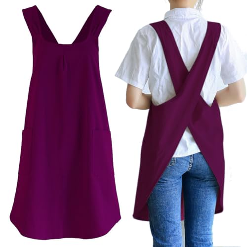 Japanese Cotton Cross Back Kitchen Cooking Aprons for Women with Pockets Cute for Baking Painting Gardening Cleaning Dark Red