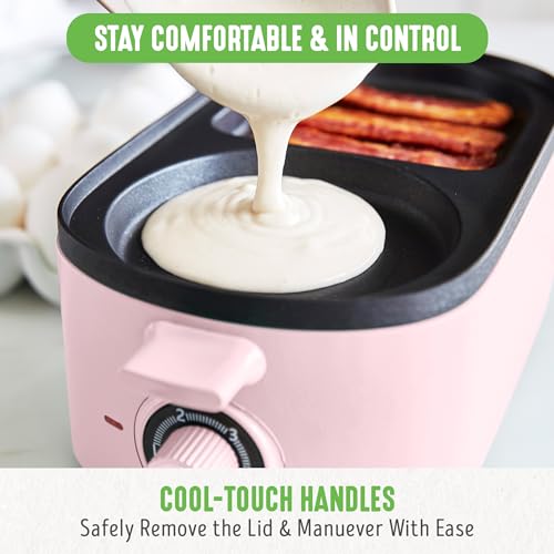 3-in-1 Breakfast Maker Station, Healthy Ceramic Nonstick Dual Griddles for Eggs Meat Sausage Bacon Pancakes and Breakfast Sandwiches, 2 Slice Toast Drawer, Easy-to-use Timer, Pink