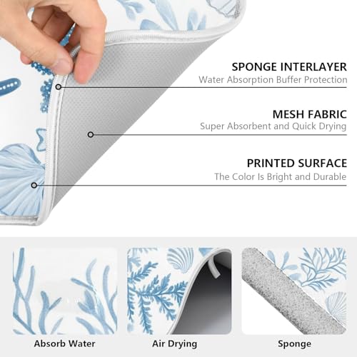Coastal Sea Star Coral Nautical Dish Drying Mat for Kitchen Counter Absorbent Microfiber Small Drying Pad Dish mats for Kitchen Countertops 16 x 18 Inch