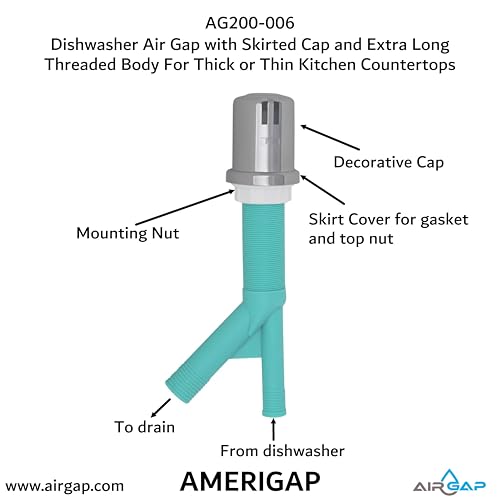 Dishwasher Air Gap with Skirted Cap and Extra Long Threaded Body for Thick or Thin Kitchen Countertops