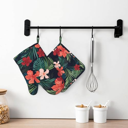 Tropic Hawaiian Hibiscus Flower Oven Mitts Pot Holders Set Silicone Heat Resistant Green Leaves Red Floral Oven Mitts and Hot Pads Potholders Non