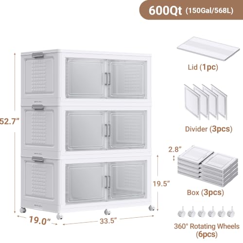 150Gal XL Stackable Storage Bins Foldable Box Cabinet for Home 3Pack White (3 Count)