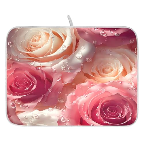 3d Pink White Roses Dish Drying Mat for Kitchen Counter Absorbent Microfiber Small Drying Pad Dish mats for Kitchen Countertops 16 x 18 Inch