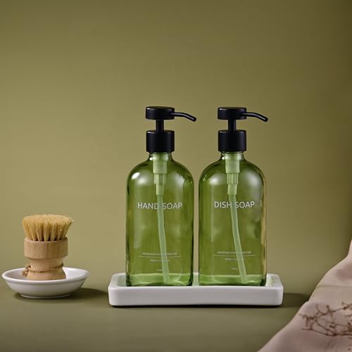 Glass Kitchen Soap Dispenser Set with Ceramic Tray