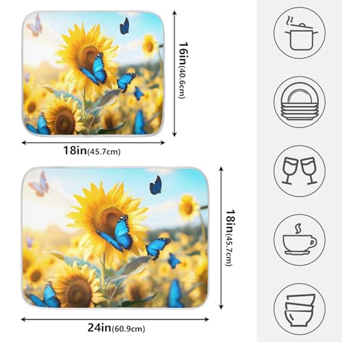 Blooming Sunflowers Blue Butterfly03 Dish Drying Mat for Kitchen Counter Absorbent Microfiber Large Drying Pad Dish Mats for Kitchen Countertops 18 x 24 Inch