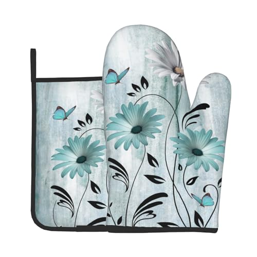 Daisy Floral Oven Mitts and Pot Holder Set of 2 Teal White Flower Heat Resistant Kitchen Mitts Potholders Washable for Cooking Grilling BBQ