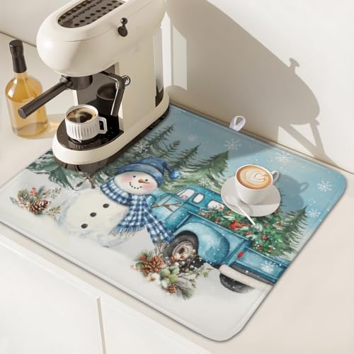Winter Snowman Blue Dish Drying Mat Xmas Truck Dishes Pad 16"x18" Microfiber Absorbent Drainer Rack Mats Protector for Kitchen Counter Sink