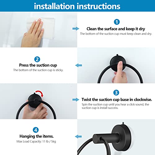 Suction Cup Hand Towel Ring Black Hand Towel Holder for Bathroom Wall SUS 304 Stainless Steel Kitchen Towel Hanger