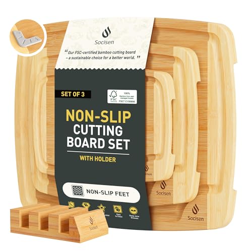 Bamboo Cutting Board Set Non Slip Feet with Holder Over Sink Tablas Para Picar Cocina Tabua Madeira Corte Carne Bambu Alimentos Cortar Madera Juego Regalos Cumpleaños Navidad Mujer Mama Abuela Papa (3 Count)