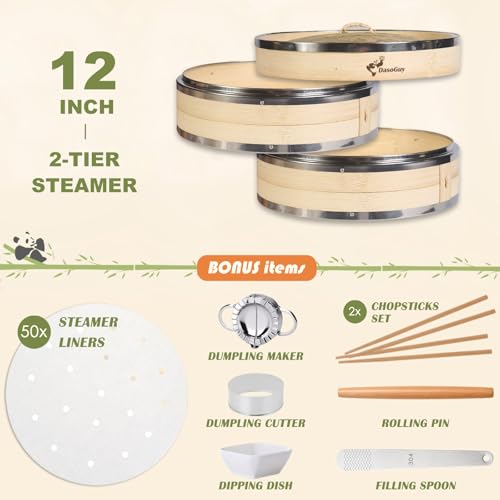 Bamboo Steamer Basket with Stainless Steel Rim 12 Inch Dumpling Steamer Kit