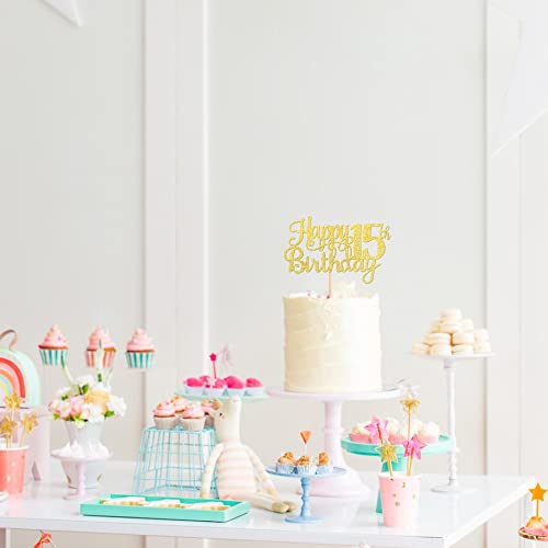 1 PCS Happy 15th Birthday Cake Topper Gold Glitter Cheers to 15 Years Birthday Cake Pick Mis Quince 15 Fabulous Cake Decoration for Happy 15th Birthday Theme Party Decorations Supplies