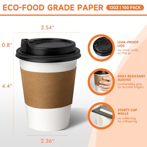 100 Pack 12 oz Disposable Coffee Cups with Lids and Sleeves (100 Count)