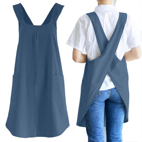 Japanese Cotton Cross Back Kitchen Cooking Aprons for Women with Pockets Cute for Baking Painting Gardening Cleaning Gray Blue