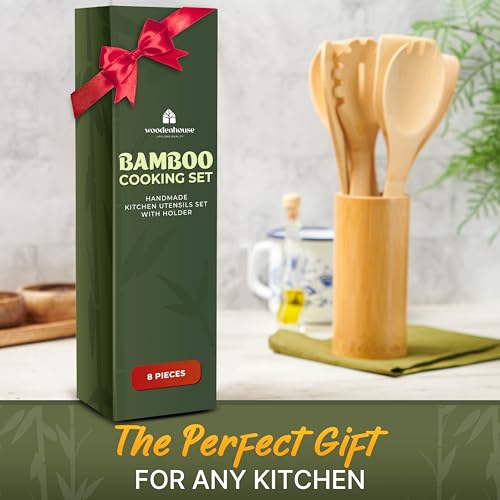 Bamboo Cooking Utensils Set 7 Pcs with Holder (8 Count)