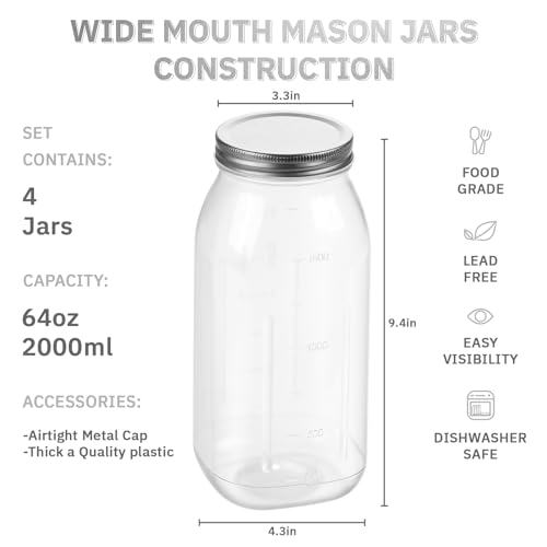 64 oz Large Plastic Mason Jars with Airtight Lids Wide Mouth (4 Count)