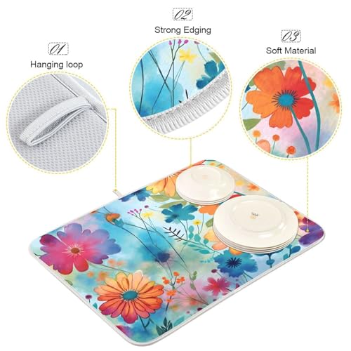 Colorful Flowers Blue Dish Drying Mat for Kitchen Counter Absorbent Microfiber Drying Pad