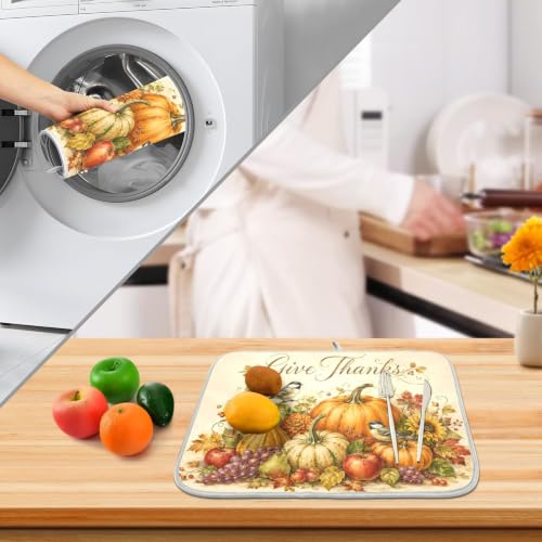 Thanksgiving Dish Drying Mat for Kitchen Counter Absorbent Microfiber Small Drying Pad Fall Autumn Harvest Pumpkin Dish Mats for Kitchen Countertops 16 x 18 Inch