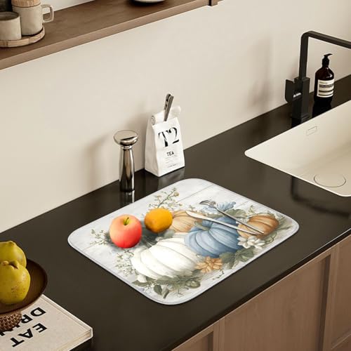 Fall Blue Orange Grey Pumpkin Thanksgiving Dish Drying Mat for Kitchen Counter Absorbent Microfiber Large Drying Pad Dish Mats for Kitchen Countertops 18 x 24 Inch