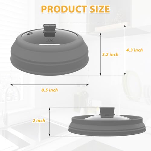Microwave Splatter Cover Glass Splatter Guard Lid with Collapsible Silicone for Small Bowls Food Plate Cover 8.5 inch Grey