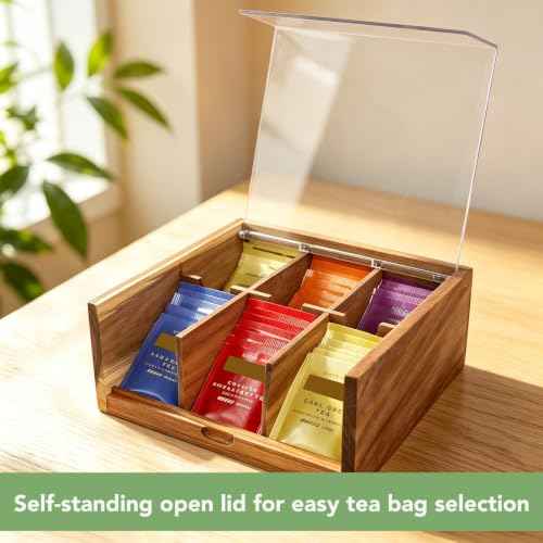 Acacia Wood Tea Bag Organizer Storage Box with 6 Compartments
