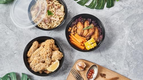 24 oz 150 ct Round Meal Prep Food Storage Containers with Lids To Go Plastic Lunch Plan Box Disposable Take Out Bowls Black BPA Free Reusable Durable Stackable Microwave Freezer Dishwasher Safe (150 Count)