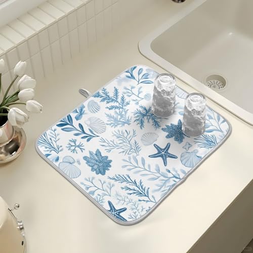 Coastal Sea Star Coral Nautical Dish Drying Mat for Kitchen Counter Absorbent Microfiber Small Drying Pad Dish mats for Kitchen Countertops 16 x 18 Inch