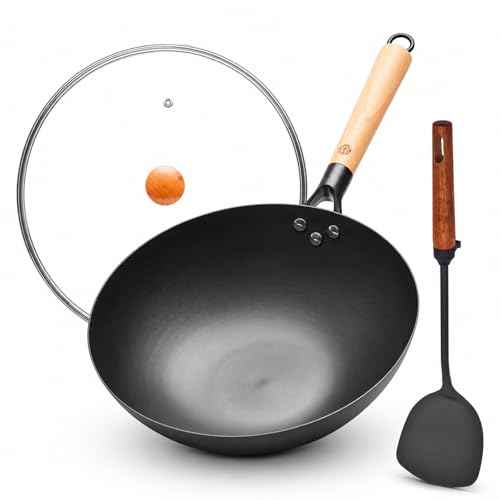 12.6 Inch Carbon Steel Wok Pan with Glass Lid and Spatula