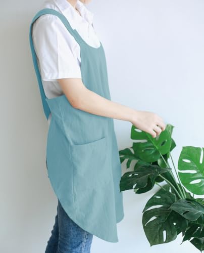 Japanese Cotton Cross Back Kitchen Cooking Aprons for Women with Pockets Cute for Baking Painting Gardening Cleaning Sky Blue