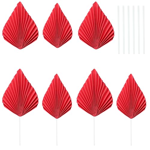 6Pcs Paper Palm Fan Cake Toppers Palm Spear Leaves Fan Cupcake Toppers Cake Insert Decorations Craft DIY Cake Bakeware Decoration for Birthday Party Wedding Party Decor Supplies Red (6 Count)